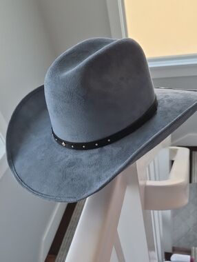 Wide Brim Felt Western Hat in Blue Powder Suede Type Felt Silver Accented Band